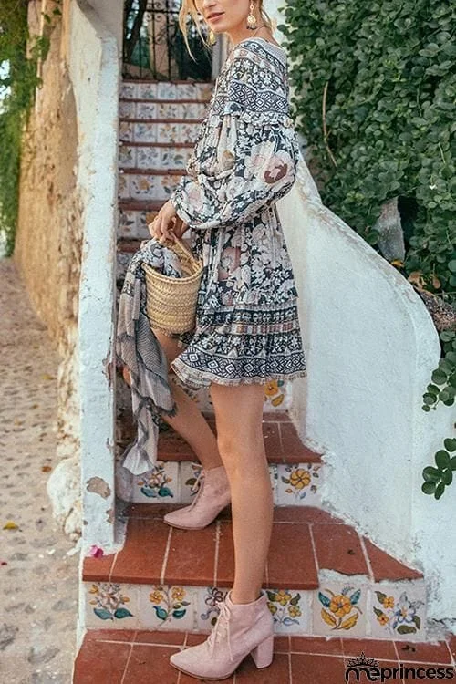 Floral Print Long Sleeve Mini Dress