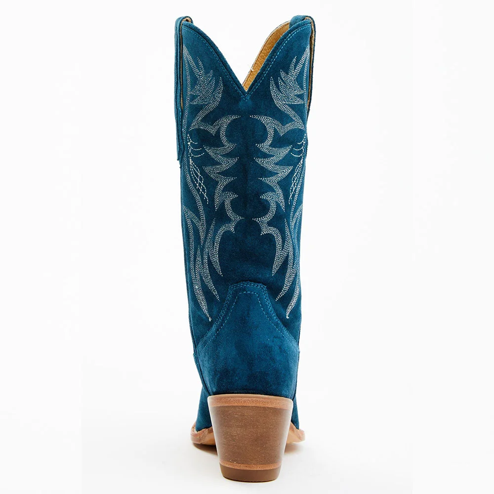 Teal Vegan Suede Almond Toe Chunky Heel Embroidered Cowgirl Boots