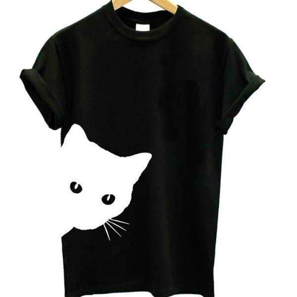 Cat Looking Print Women T-Shirt Cotton Casual Top Tee | EGEMISS