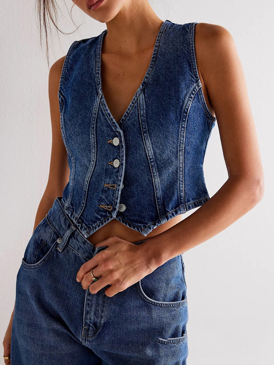 Casual Denim V Neck Button Sleeveless Vest