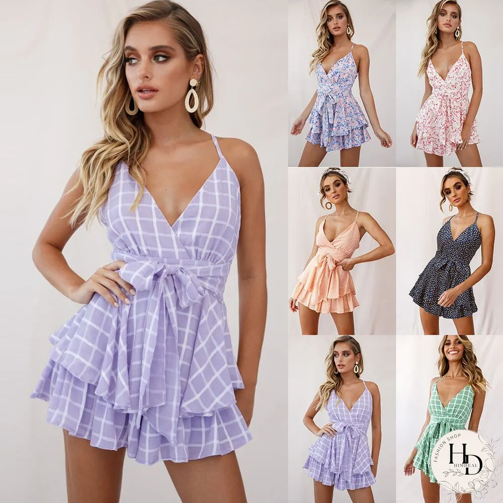 Deep V Neck Spaghetti Strap Backless Waist Tie Mini Dress