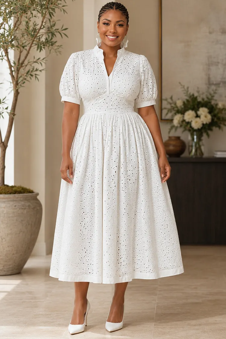 Xpluswear Design Plus Size Business Casual Elegant White V Neck Puff Sleeve Short Sleeve Pocket Midi Dresses [Pre-Order] 2024 - Xpluswear