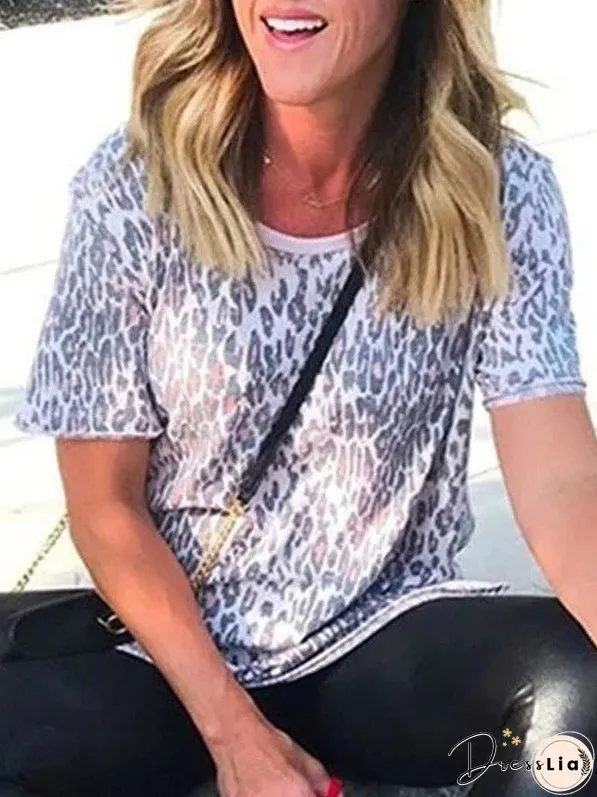 Leopard Print Loose Fit Short Sleeve T-Shirt For Women