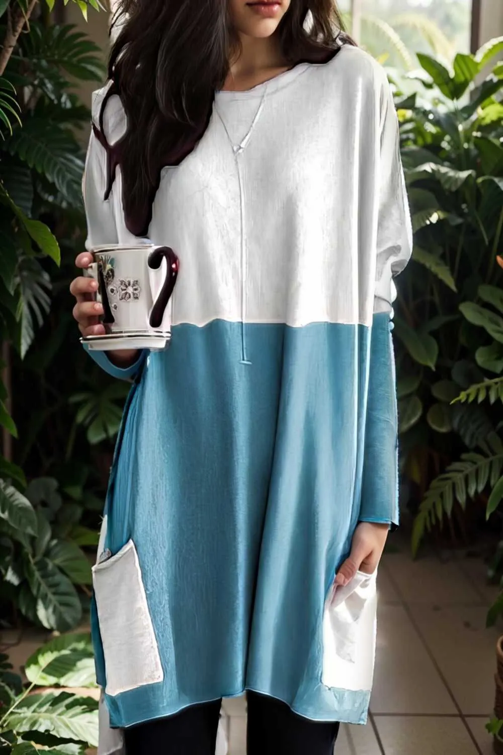 two color stitching pocket loose long sleeve t shirt