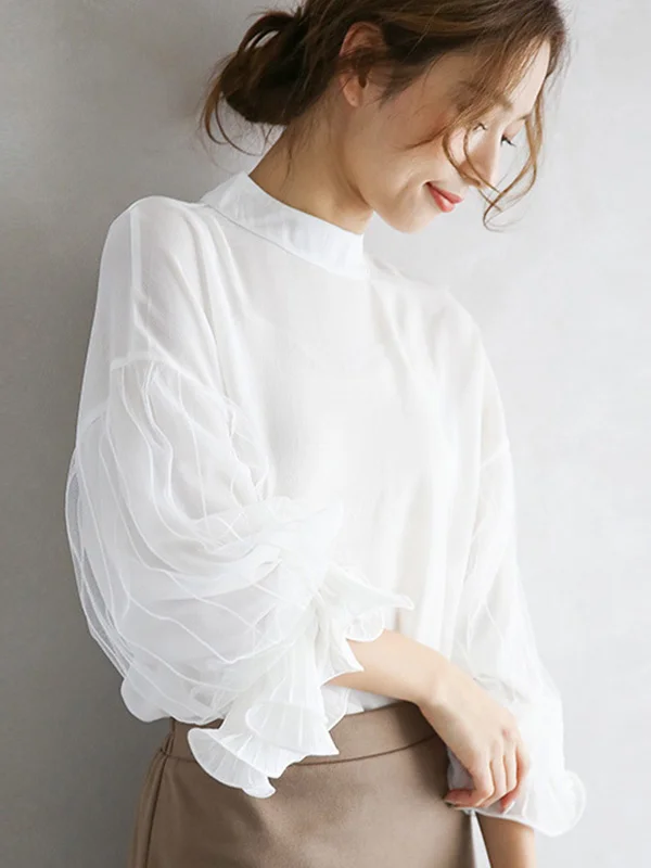 Simple Solid Color Puff Sleeve Mesh Splicing Chiffon Shirt