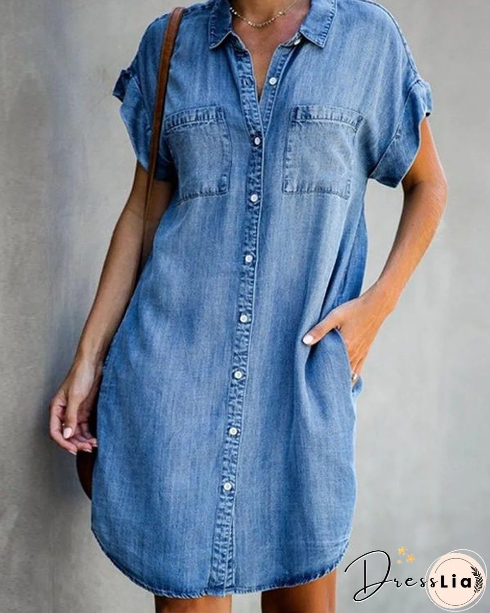 Blue Shirt Collar Plain Short Sleeve Denim Dresses