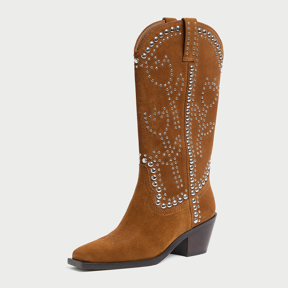 Brown Floral Square Toe Mid-Calf Cowgirl Boots for Women with Studs Nicepairs
