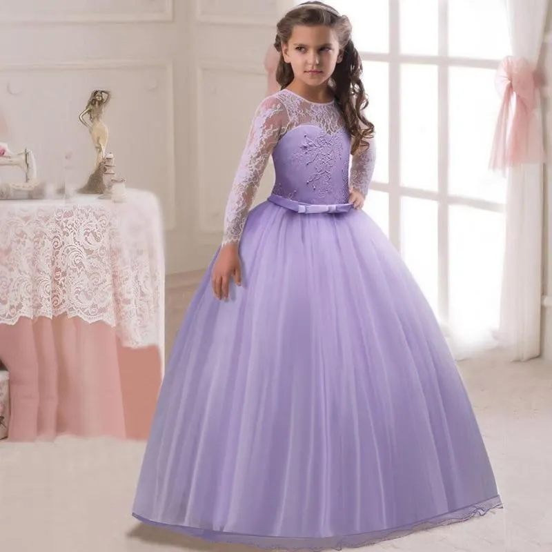 2021 Ankle Length Lace Long Sleeve Ruffle Long Dress Piano Party Performance Costume Little Girl Princess Dress