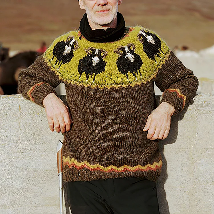 Comstylish Retro Khaki Green Yak Knit Icelandic Crew Neck Sweater