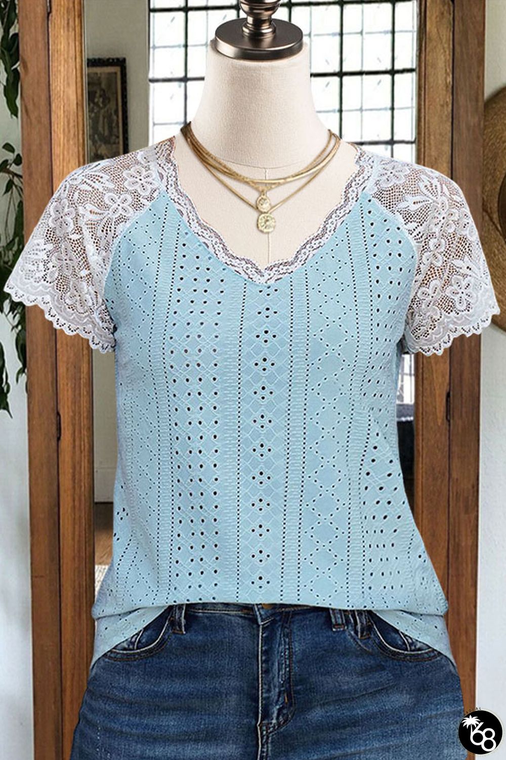 Feminine V-neck Lace Panel Eyelet T-shirt | 168DEAL