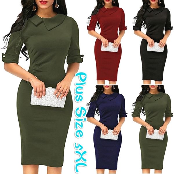 Women Spring Summer Turn-down Collar Fit Work Dress Vintage Elegant Business Office Pencil Bodycon Mini Dress - Shop Trendy Women's Clothing | LoverChic