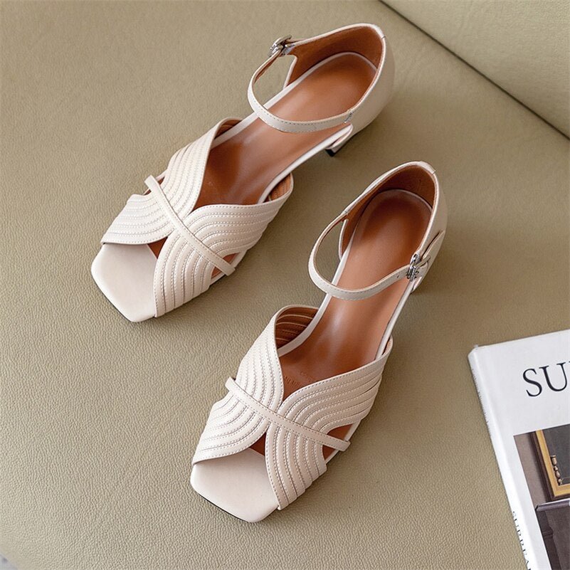 Meotina Sandals Shoes Women Genuine Leather Ankle Strap Shoes Med Thick Heel Sandals Square Toe Cow Leather Lady Sandals Summer