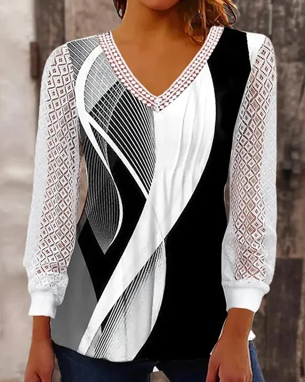 Casual Lace Loose Hollow Geometric Long-sleeved Top