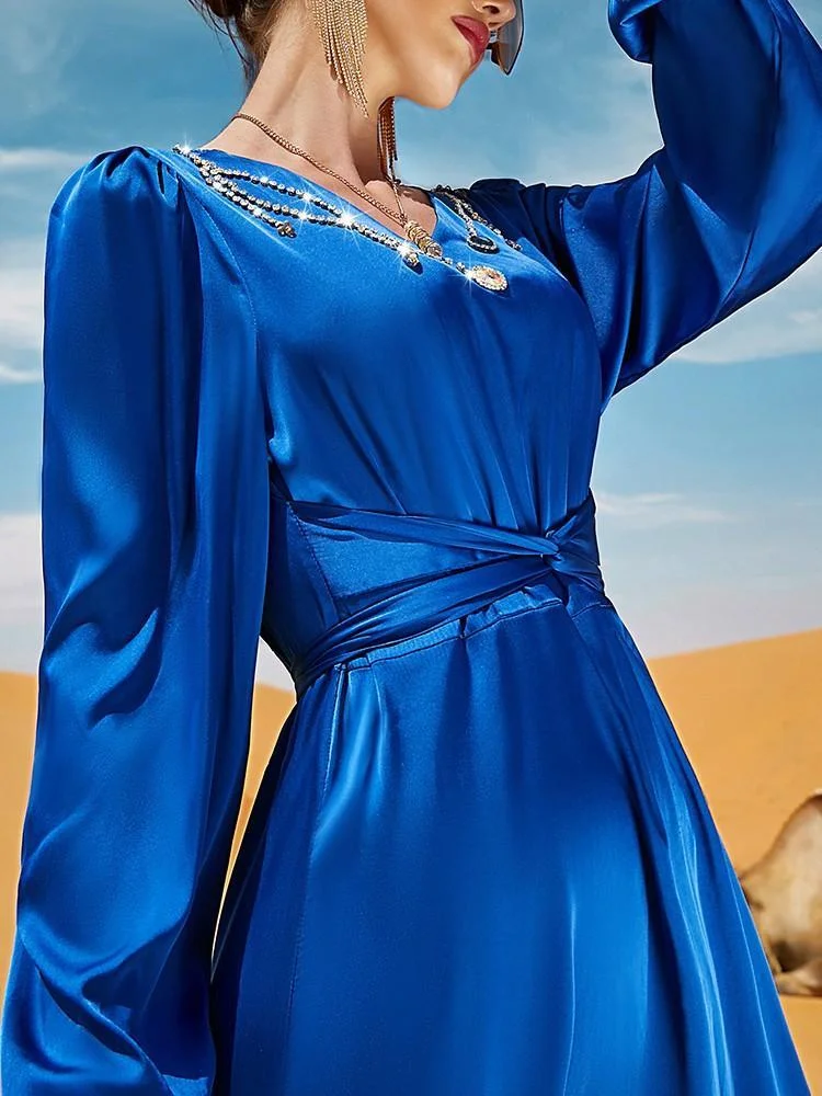 Women's V Neck Long Sleeve Dress with Rhinestones