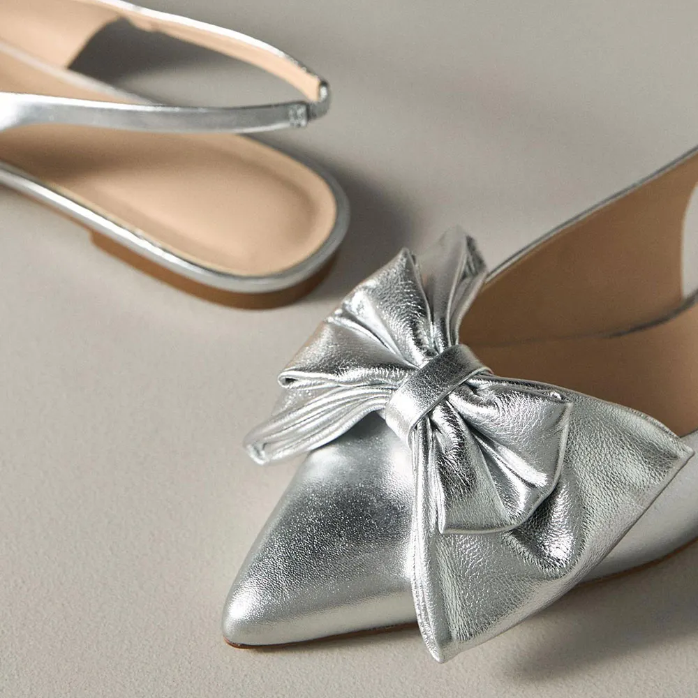 Silver Metallic Finish Pointed Toe Bow Decor Slingback Flats