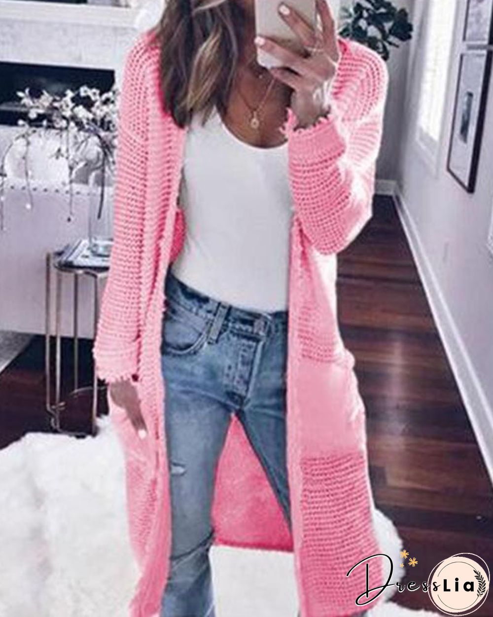 Long Sleeve Solid Color Cardigan Casual Knit Sweater Jacket P13334