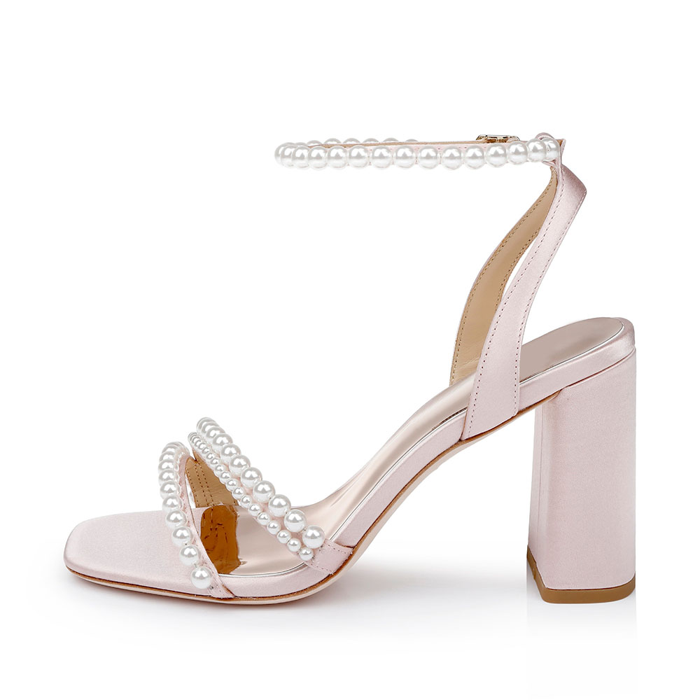 Elegant Pink Satin Pearl Strappy Wedding Sandals with Chunky Heel Nicepairs