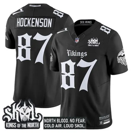 Youth Minnesota Vikings #87 T.J. Hockenson Black 2025 F.U.S.E. Kings of the North Patch 