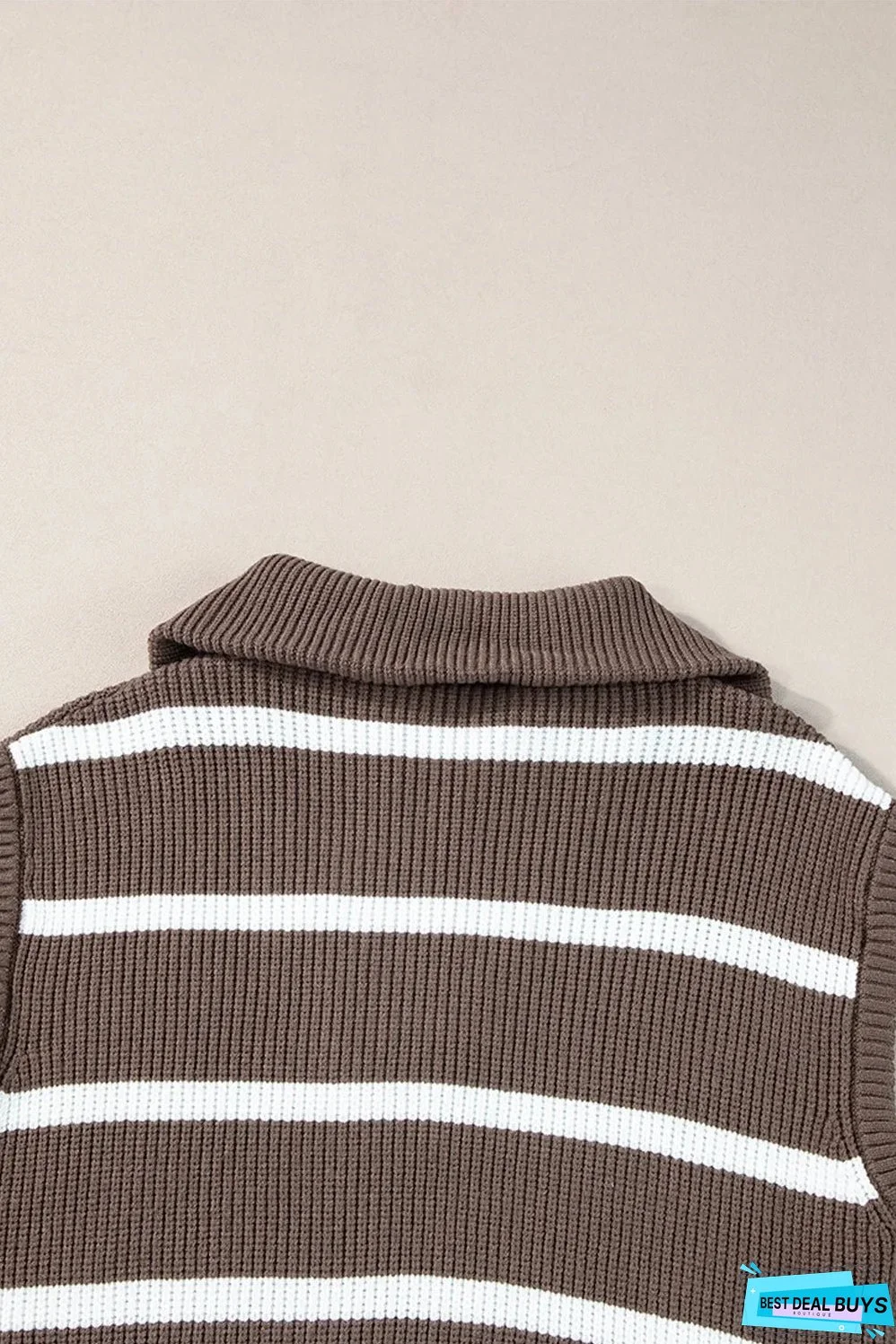 Brown Stripe Zipped Collar Cap Sleeve Knit Top