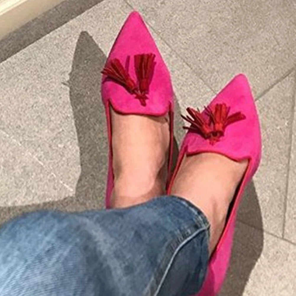 Breakj Pointed Toe Flat Shoes Elegant Low Heel Fringe Mules Women New Brand Concise mxed-color Mules