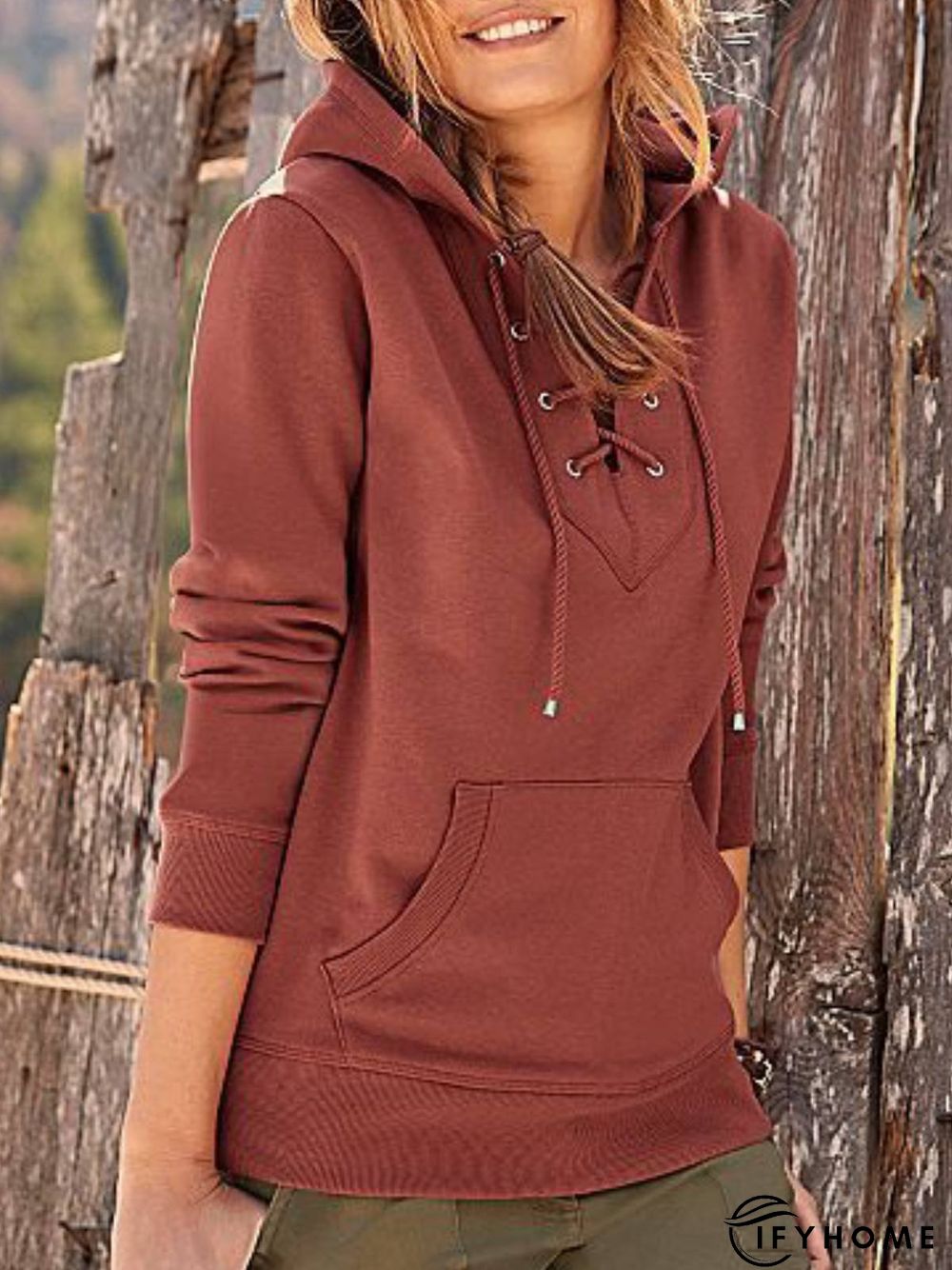 Red Long Sleeve Cotton-Blend Hoodie Sweatshirt | IFYHOME