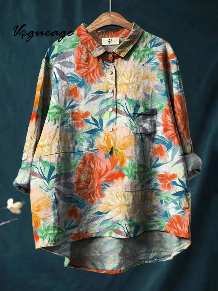Bright And Elegant Ink Flowers Print Cotton And Linen Shirt