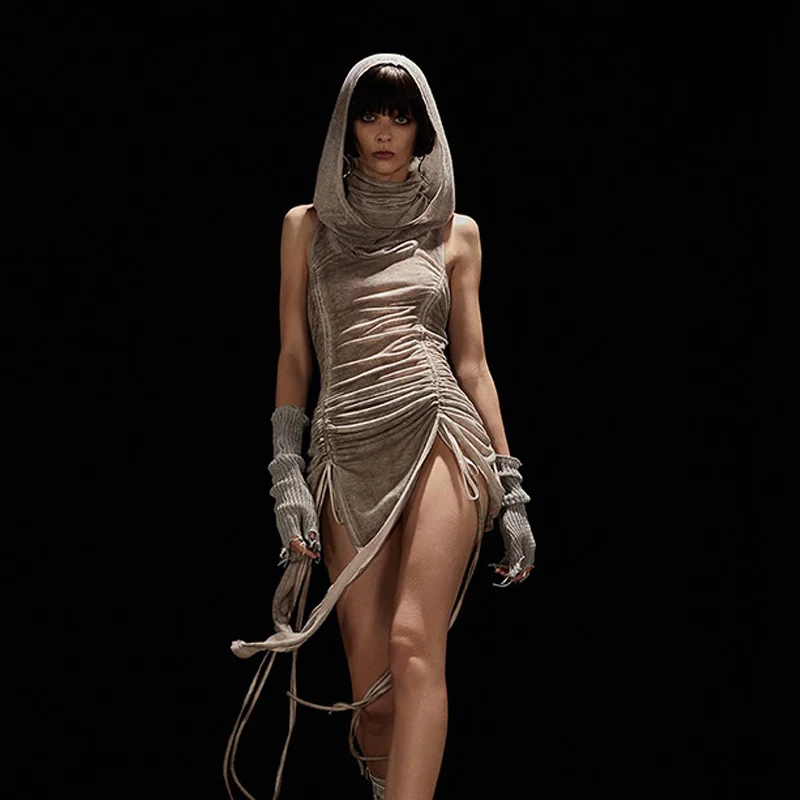 Uveng Uveng Summer New Women's Turtleneck Hood Fold Pull Rope Closed Waist Sexy Hollow Out Slit Dress