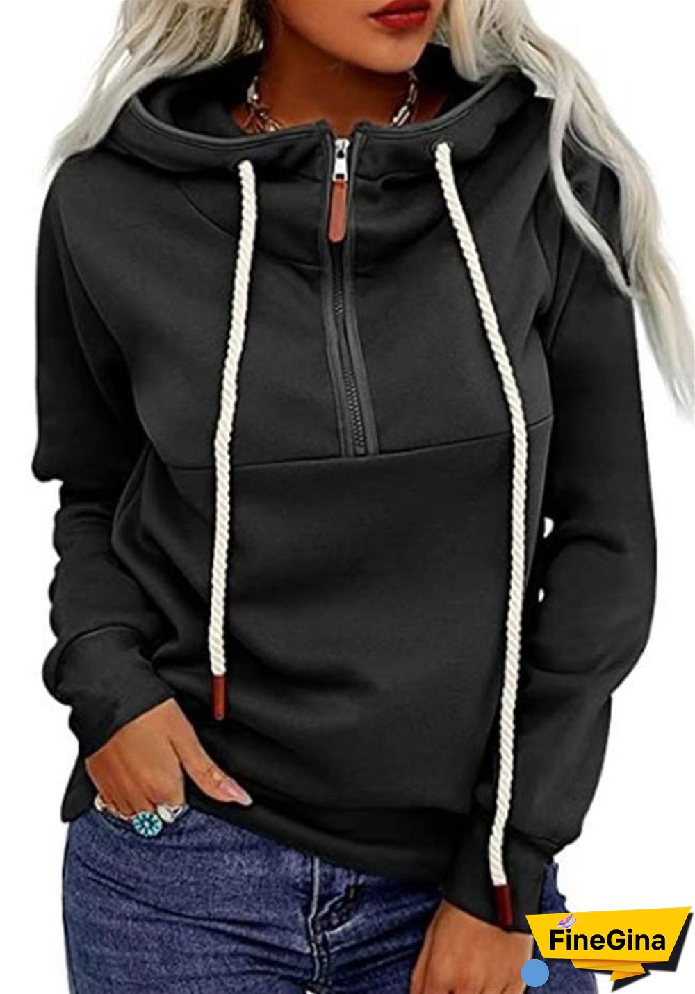Plain Cotton Plush Lining Zipper Collar Top