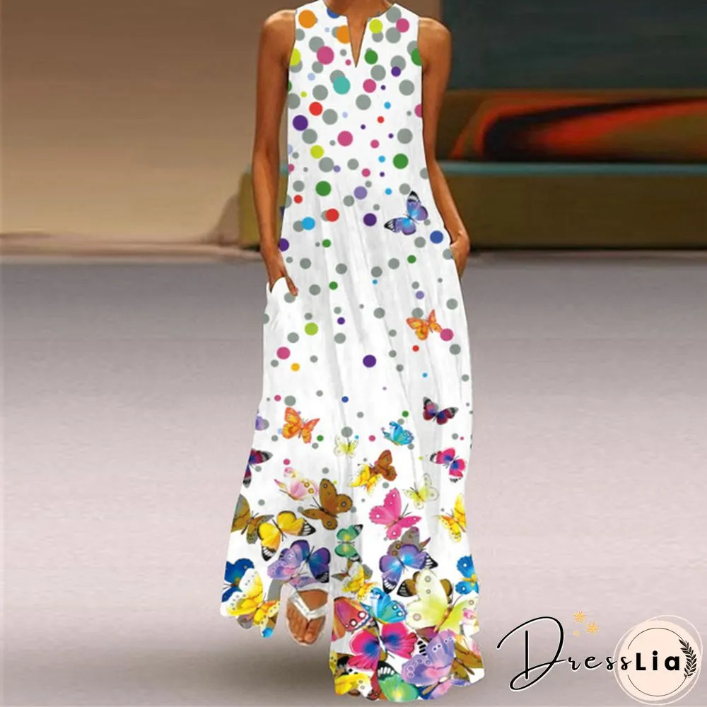 New Fashion Print Summer Dress Casual Sexy Boho Beach Women Party V-neck Sleeveless Pocket