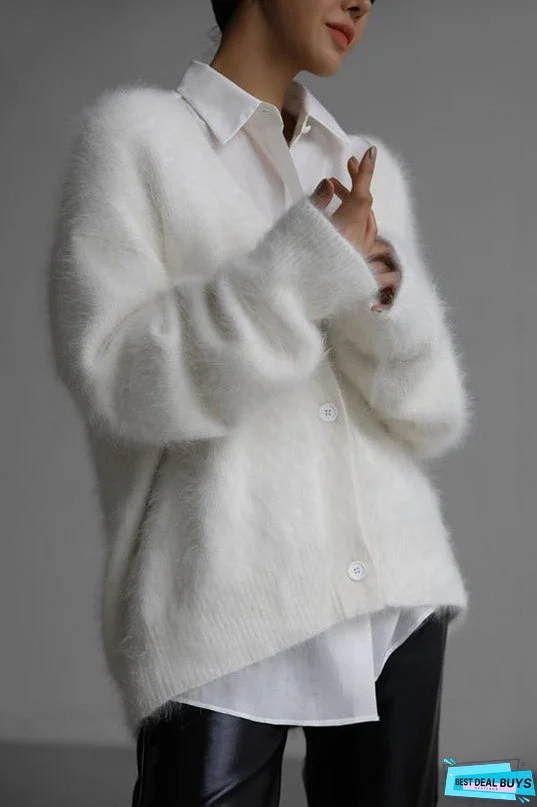 Solid Color Loose V-neck Long-sleeved Lazy Knitted Cardigan