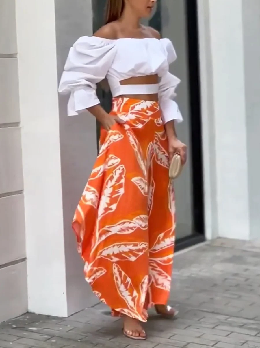 Two-piece set of cropped top & printed wide-leg pants
