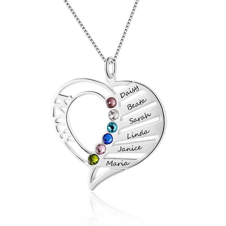 Mom Necklace Personalized with 6 Stones Engraved 6 Names Heart Charm Gifts for Her