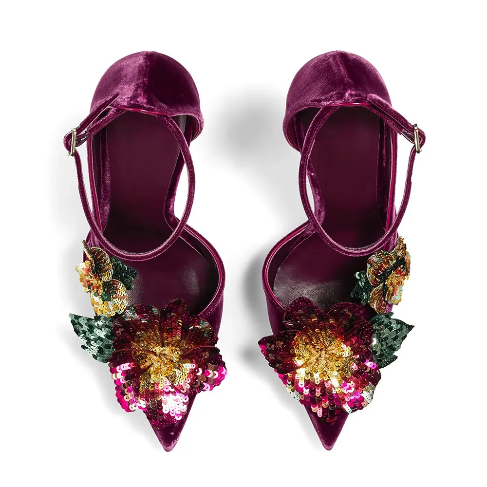 Burgundy Velvet Pointed Toe Sequin Flower Ankle Strap Pumps Shoes