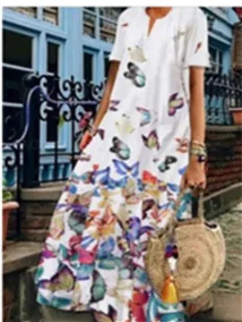 Women Short Sleeve Scoop Neck Floral Printed Dress
