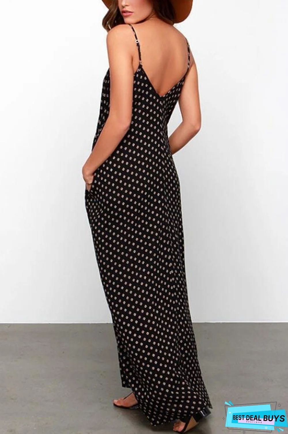 Pockets Polka Dots Spaghetti Backless Maxi Dress Black Dresses
