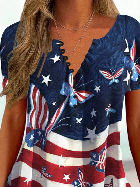 Women Short Sleeve V-neck Striped Printed Colorblock Button Tops