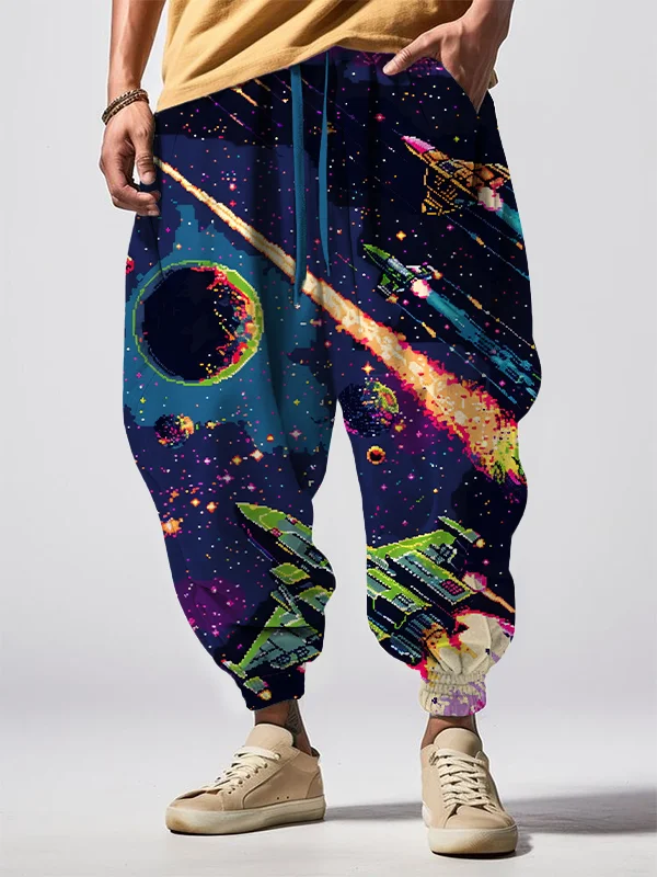 Men's Space Fighter Pixel Style Print Loose Drawstring Waist Sweatpants