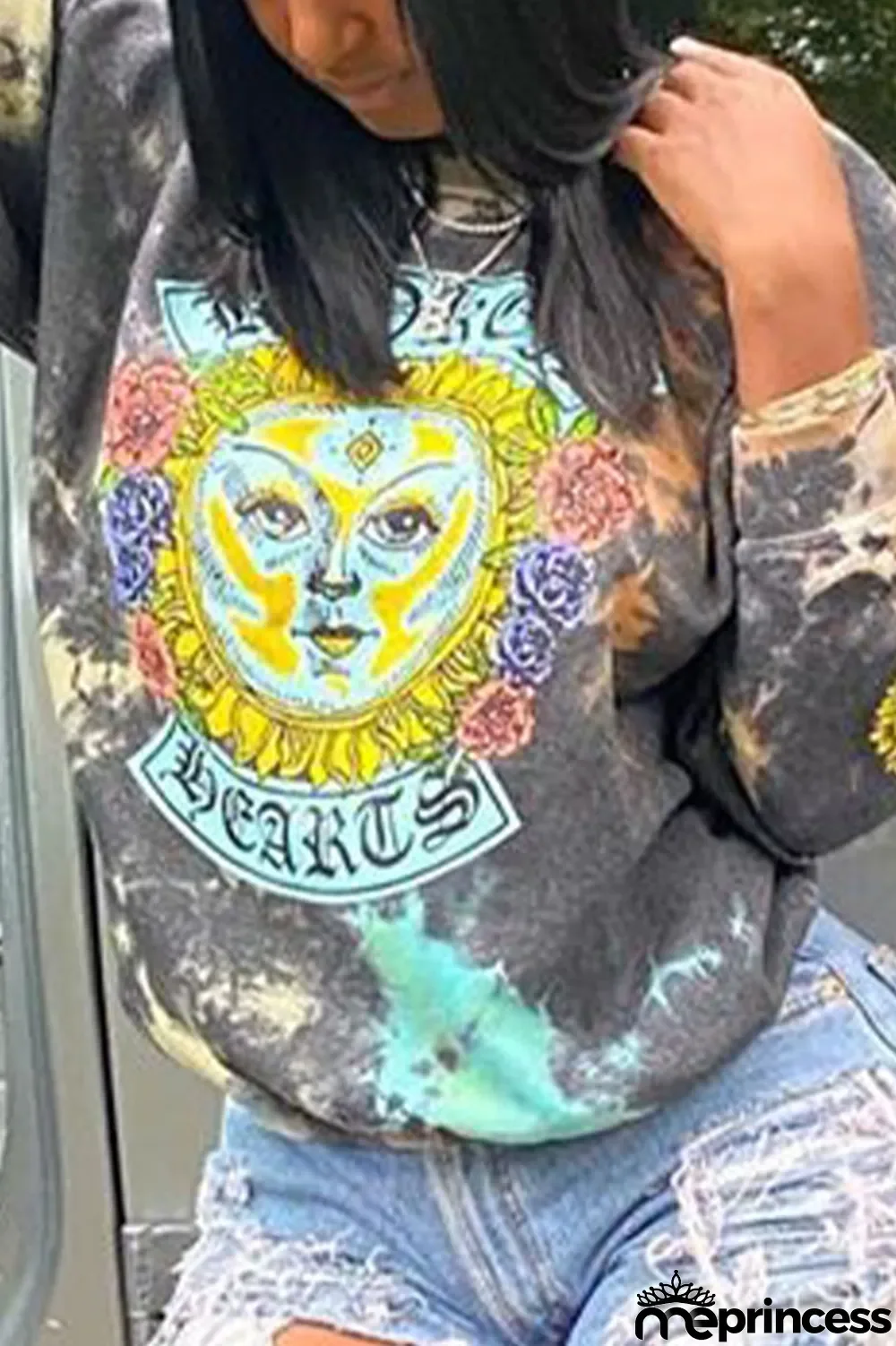 Grey Casual Blending Print Split Joint Tie-dye O Neck Tops