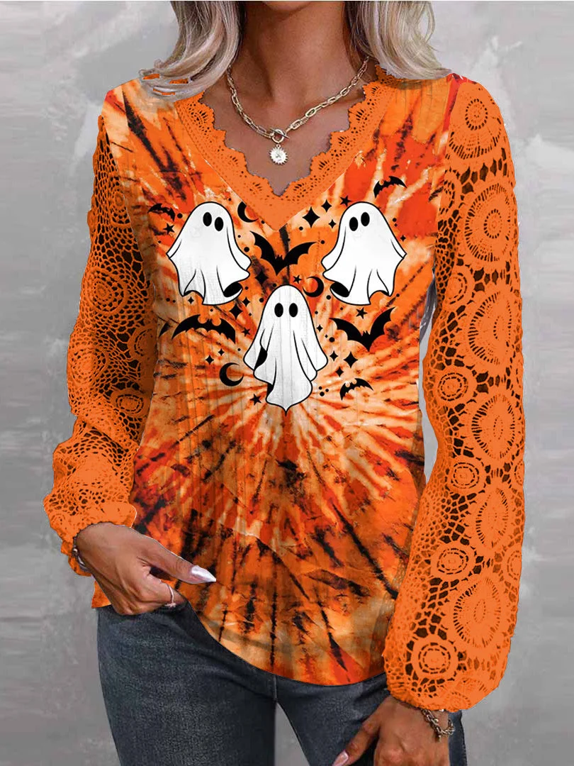 Women Long Sleeve V-neck Skull Printed Graphic Lace Halloween Tops