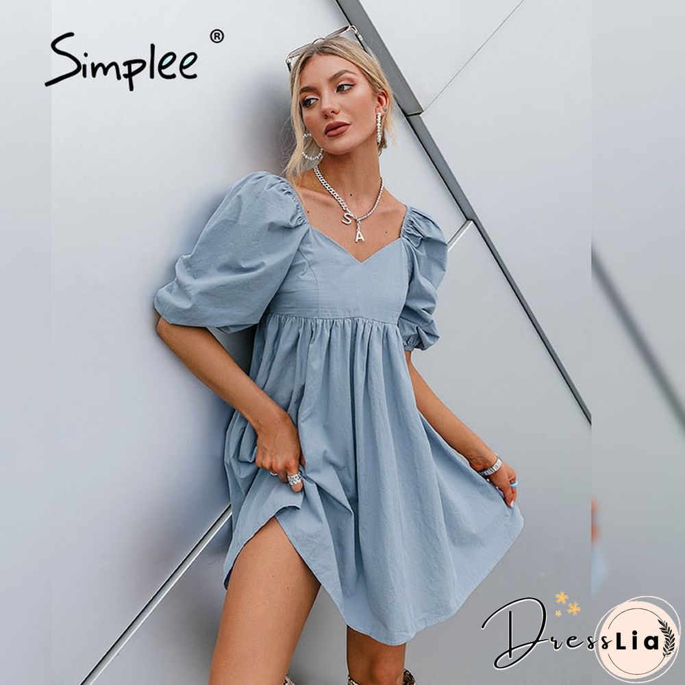 Cotton V-Neck Loose Lantern Sleeve Mini Dress Fashion Blue Summer Women A-Line Solid Retro