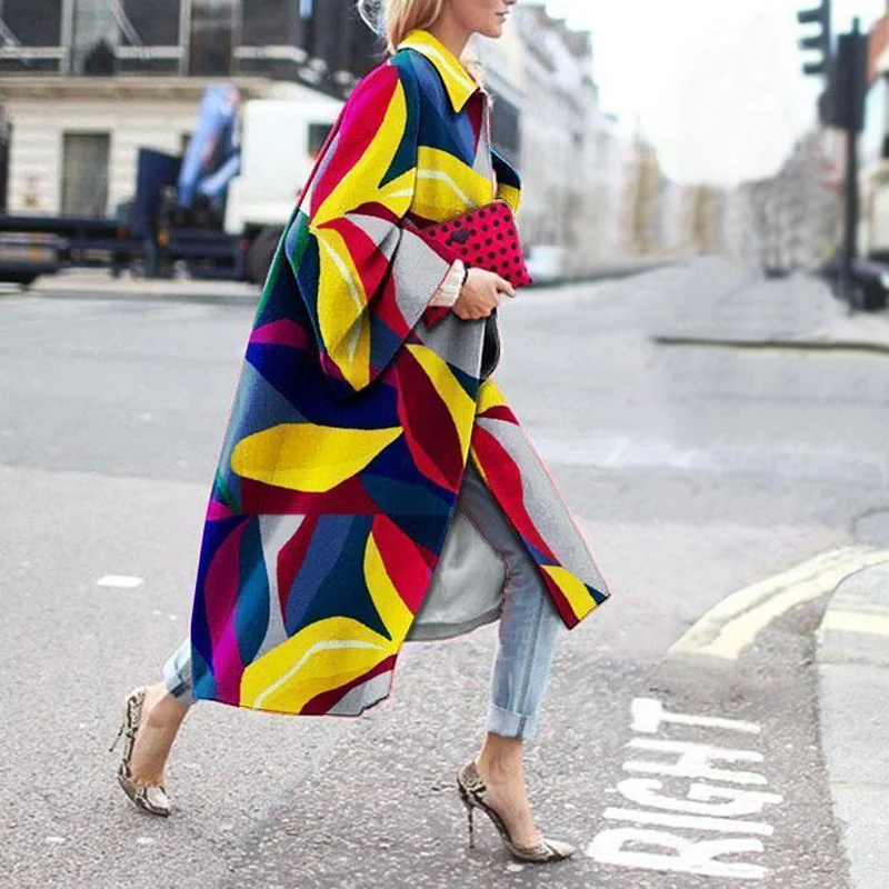 Fashion geometric print color loose long coat