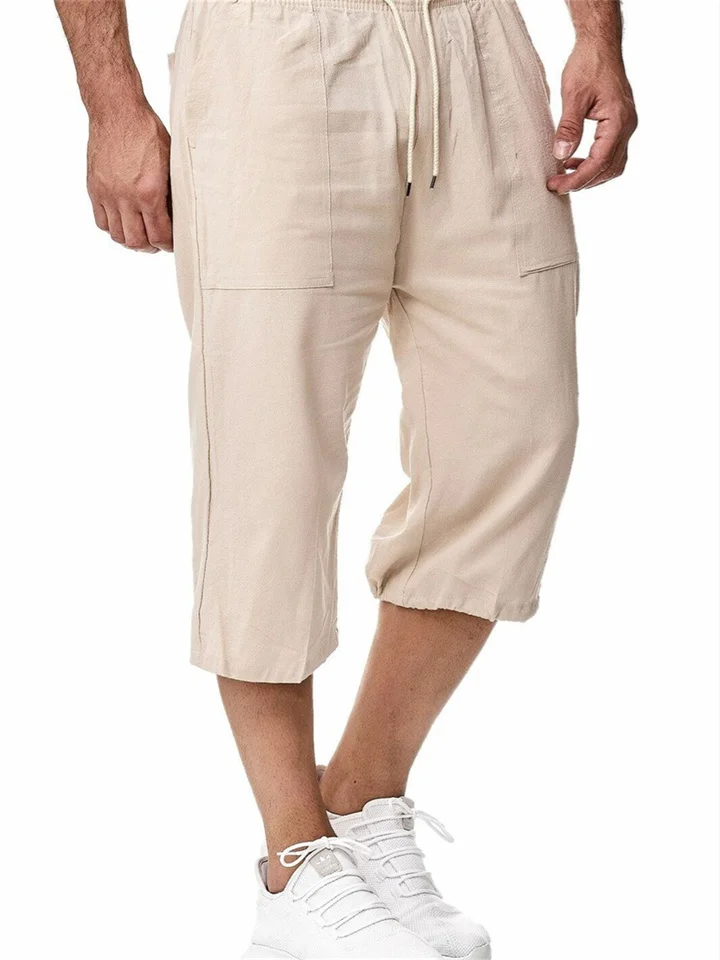 Men's Linen Shorts Summer Shorts Beach Shorts Capri Pants Pocket Drawstring Elastic Waist Plain Breathable Soft Calf-Length Sports Outdoor Linen / Cotton Blend Casual Black Navy Blue