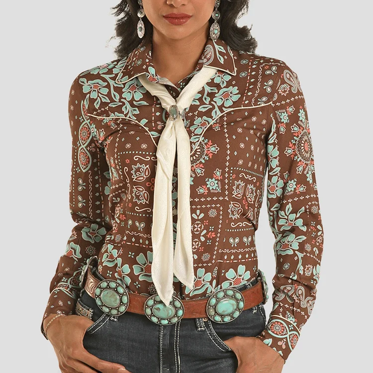 Boho Floral Pattern Shirt Collar Necktie Long Sleeve Blouse