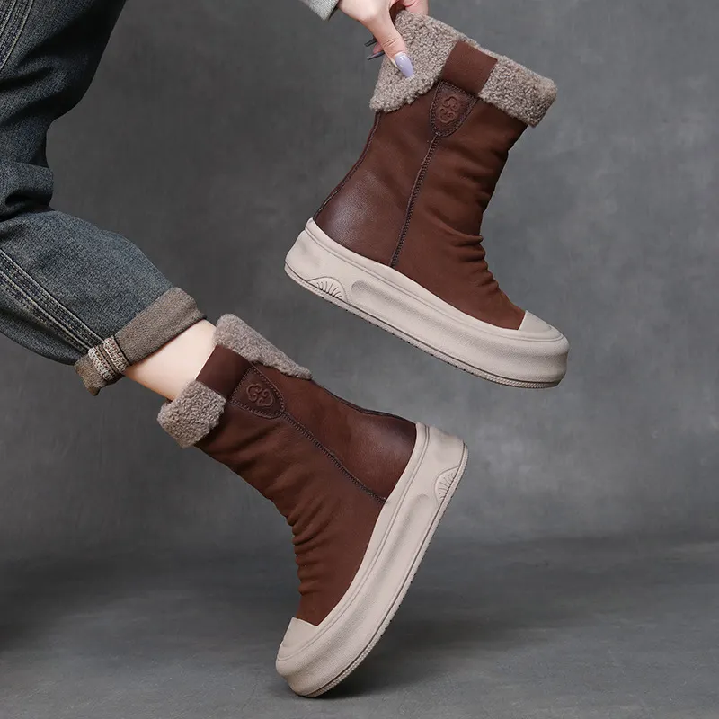 Yyvonne Cowhide Lamb Wool Snow Boots Winter New Maillard Warm And Velvet Boots Thick Bottom Increase