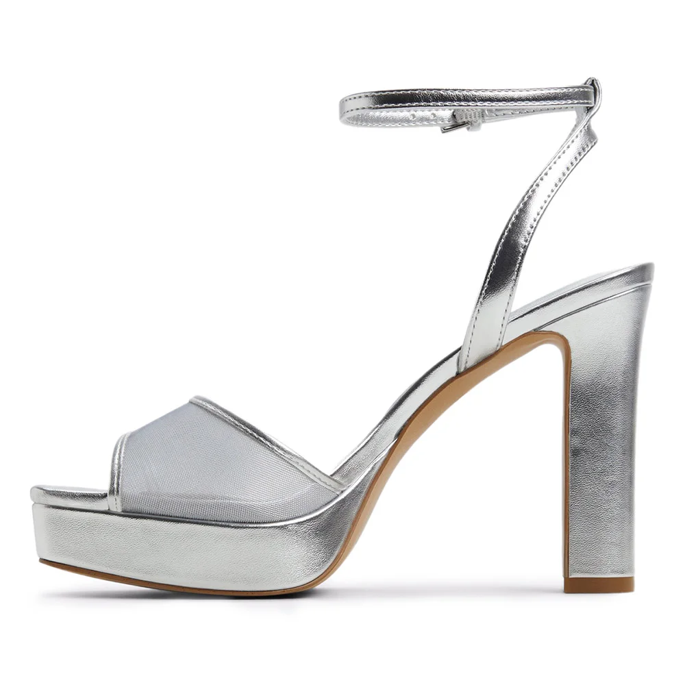 Silver Open-Toe Ankle Strap Chunky Heeled Sandals with Platform