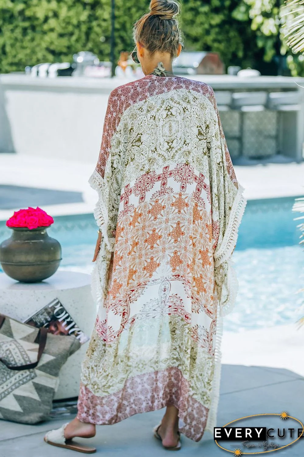 Multicolor Tribal Pattern Print Tassel Contrast Open Back Kimono
