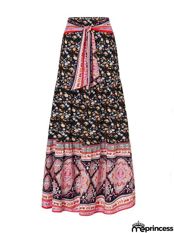 Bohemian Vintage Floral Pleated Long Skirt for Women