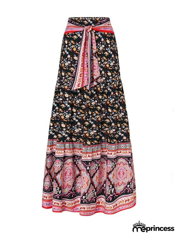 Bohemian Vintage Floral Pleated Long Skirt for Women