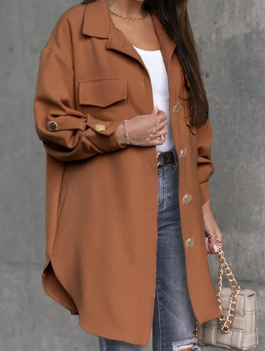 Solid Color Sleeve Button Mid-Length Shirt Jacket
