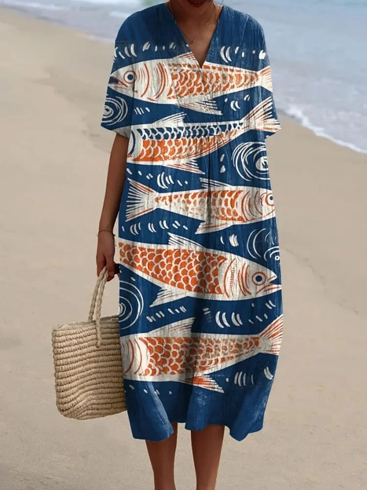 Women's Vintage Lovely Fish Art Print Flowy Dress